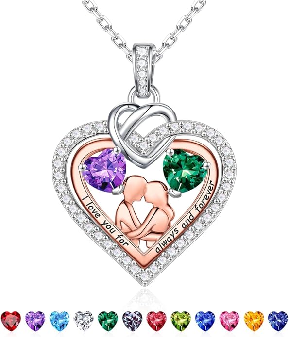 Iefil Valentines Day Gifts for Her - 925 Sterling Silver Double Heart Birthstone Necklace for Women, Anniversary Birthday Gifts for Wife I Love You Gift Couple Sitting Hugging Each Other Jewelry Gift