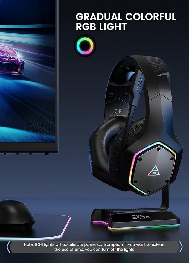 EKSA Wireless Gaming Headset, 2.4GHz USB Gaming Headphones with Microphone for PC, PS5, PS4, Nintendo Switch, 7.1 Surround Sound PC Headset, RGB Light, Ergonomic Design, 3.5mm Wired for Xbox Serie
