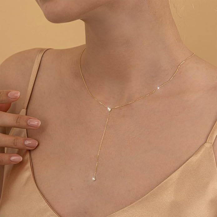 Luxval Lariat Gold Necklace for Women, Dainty Long Necklace 14k Gold Plated/Silver Y-Shaped Pendant Necklaces Trendy Beaded Chain Drop Necklaces Jewelry for Women Gifts