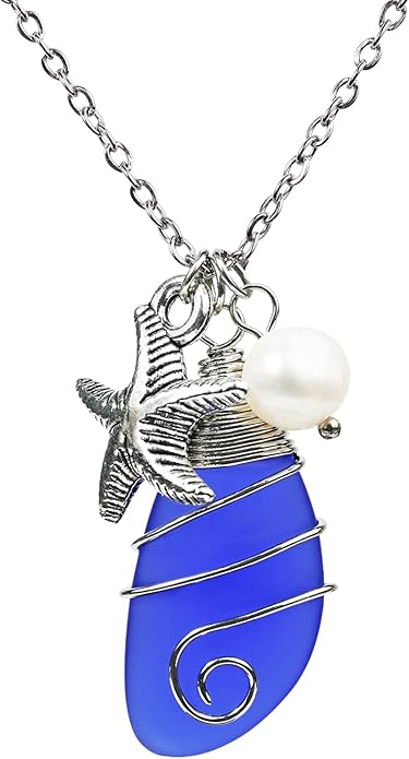 Sea Glass Necklace, Wire Wrapped Beach Necklaces, Sea Glass Jewelry, Handmade Blue Beach Jewelry for Women Trendy