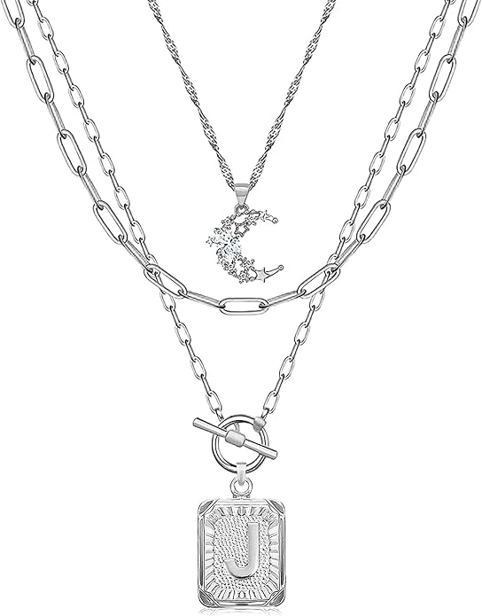 MJartoria Layered Initial Necklaces for Women Trendy, 14K Gold Plated Brass Simple Moon Choker Square Letter Pendant Necklace, Paperclip Chain Necklaces Jewelry Gifts