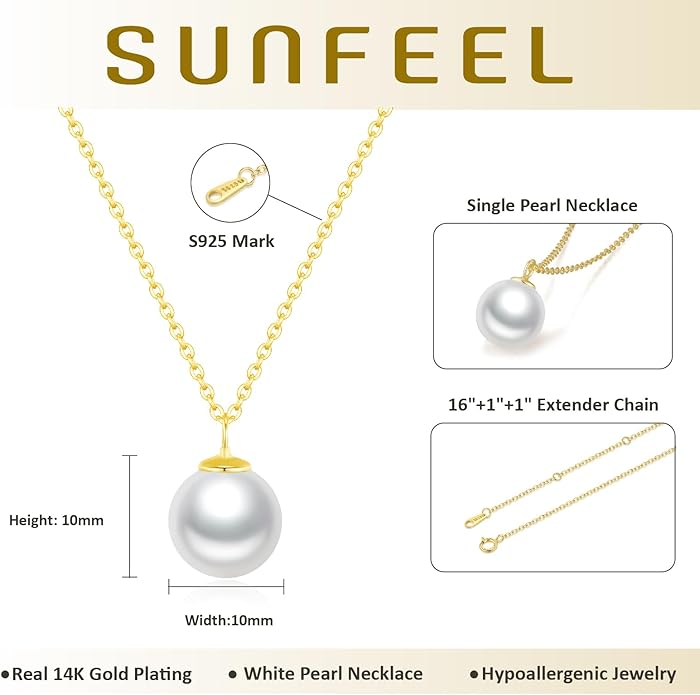SUNFEEL 925 Sterling Silver Pearl Necklaces for women 14K Gold Plated 5A CZ 10MM/12MM Single Pearl Pendant Necklace Gifts for Her Mom Wife Girlfriend Engagement Wedding Birdal Christmas Trendy Jewelry