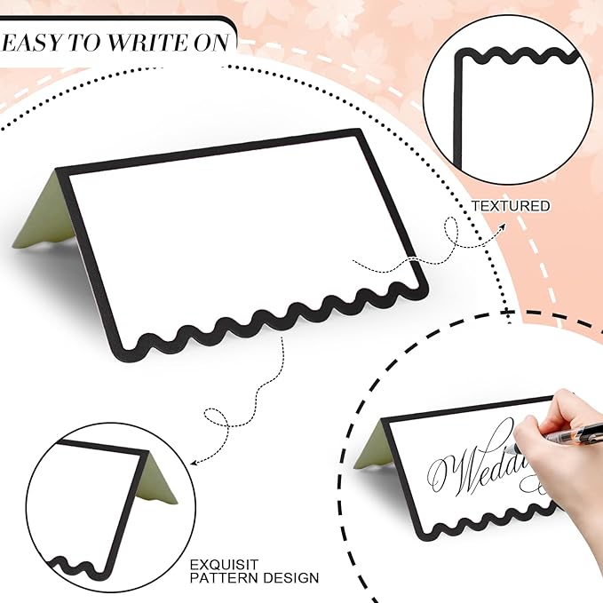150 PCS Black Scalloped Place Cards 2 x 3.5 Inch Blank Tented Place Card Name Cardstock Seat Assignment Label Card Reserved Table Signs Seating Signs for Birthday Party Wedding Setting