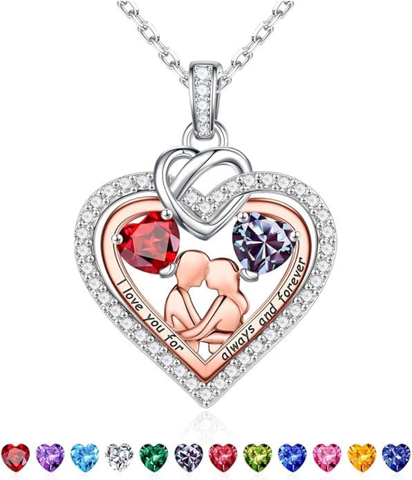 Iefil Valentines Day Gifts for Her - 925 Sterling Silver Double Heart Birthstone Necklace for Women, Anniversary Birthday Gifts for Wife I Love You Gift Couple Sitting Hugging Each Other Jewelry Gift