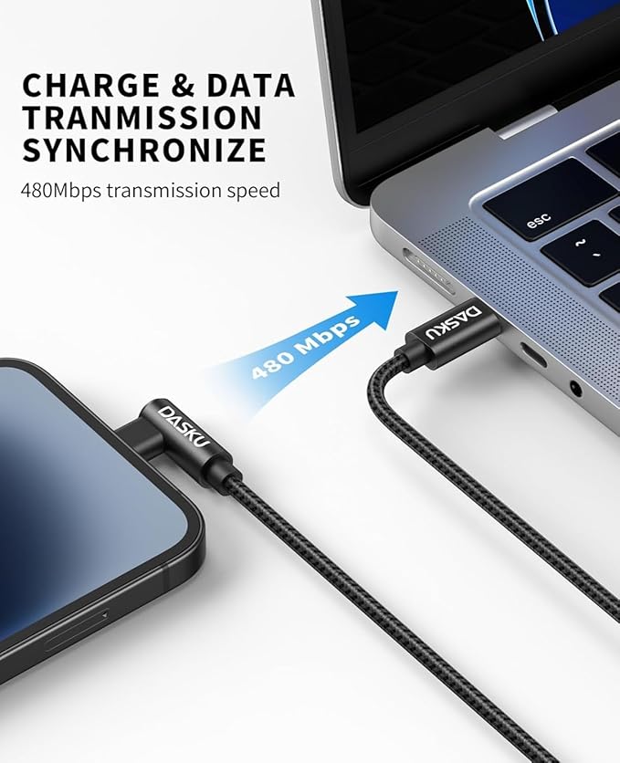 USB C to USB C Cable 2 Pack 90 Degree 60W, Right Angle Type C Fast Charging Cord, 10FT Braided Long Charger Cable for iPhone17/16/15, iPad, Samsung Galaxy, Google Pixel,