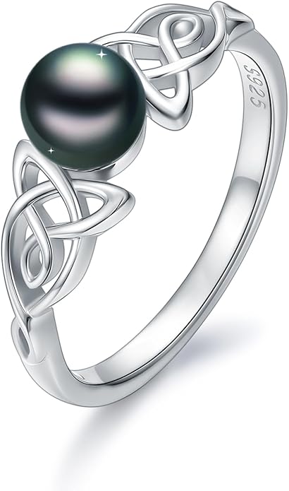 Tahitian Black Pearl AAAA 18K White Gold Plated Sterling Silver Rings for Women Wife Mom Girlfriend Valentine Her Jewelry Gift for Christmas Wedding Anniversary Birthday Graduation
