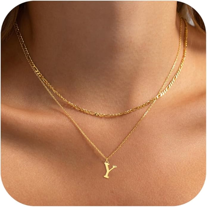 Initial Necklaces for Women Dainty Gold Silver Layered Letter Pendant Necklace Cute Figaro Chain Choker Necklace Personalized Trendy Stuff Jewelry Stack Gift for Women Her