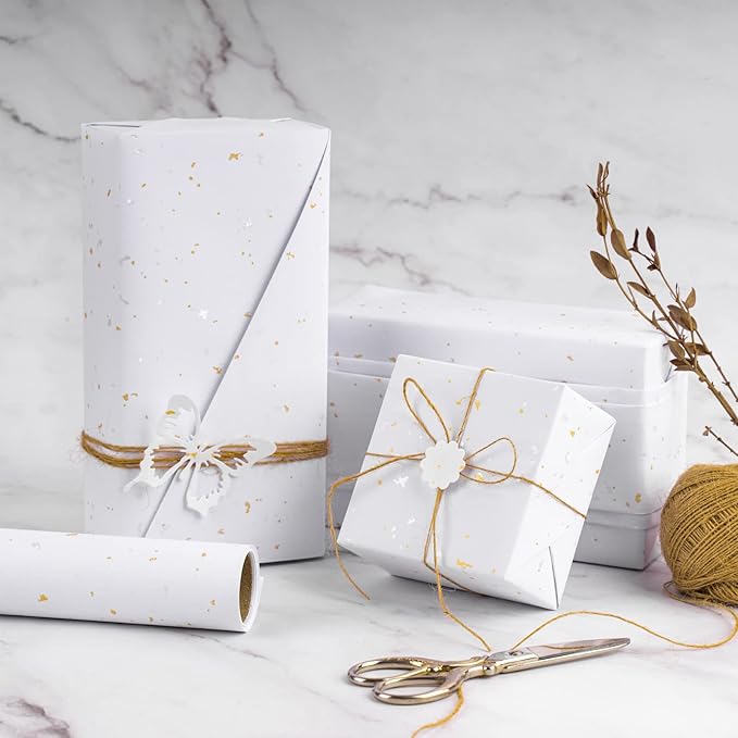 WRAPAHOLIC 30 Inch Jumbo White Wrapping Paper Roll - 30 Inch x 16.5 Feet - White Gold Design with Silky Touch Perfect for Birthday, Holiday, Wedding, Baby Shower
