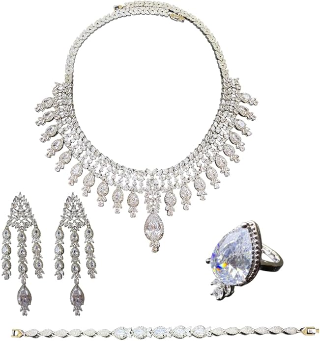 Rhinestone Wedding Bridal Jewelry Set Women's Prom-Style Necklace, Earrings, Bracelet, Ring Bridesmaid Gift Pairs with Evening Gown