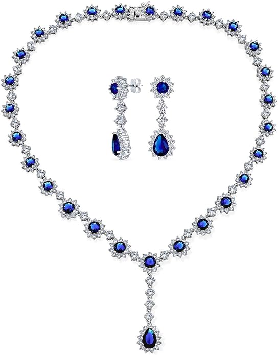 Elegant Vintage Estate-Inspired Bridal Jewelry Set - 5 CTW Oval Crown Halo Statement Necklace & Chandelier Earrings with AAA Cubic Zirconia CZ Simulated Gemstones, Silver Plated, for Women