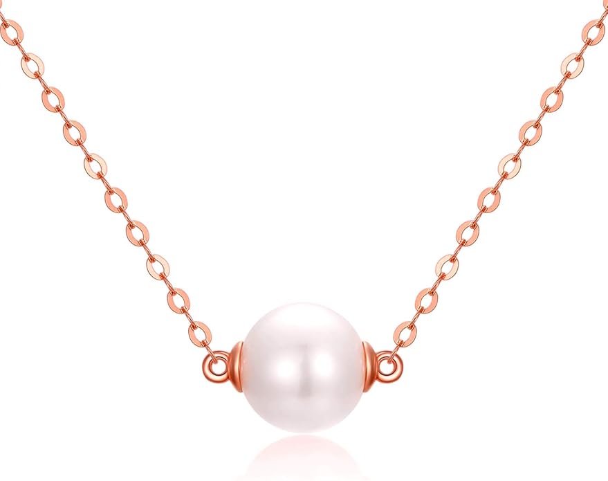 14K Solid Gold Pearl Necklace for Women, Delicate Cultured Freshwater Pearl Choker Pendant Necklace Love Jewelry Gift for Girls, Mom, Wife 16"-18"