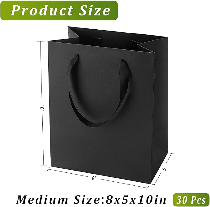 Black Gift Bags With Handles, 8x5x10 Inch Sturdy Kraft Paper Gift Bags, Bulk for Wedding, Party, Birthday, Business and Shopping, Medium Size (1 Count (Pack of 30))