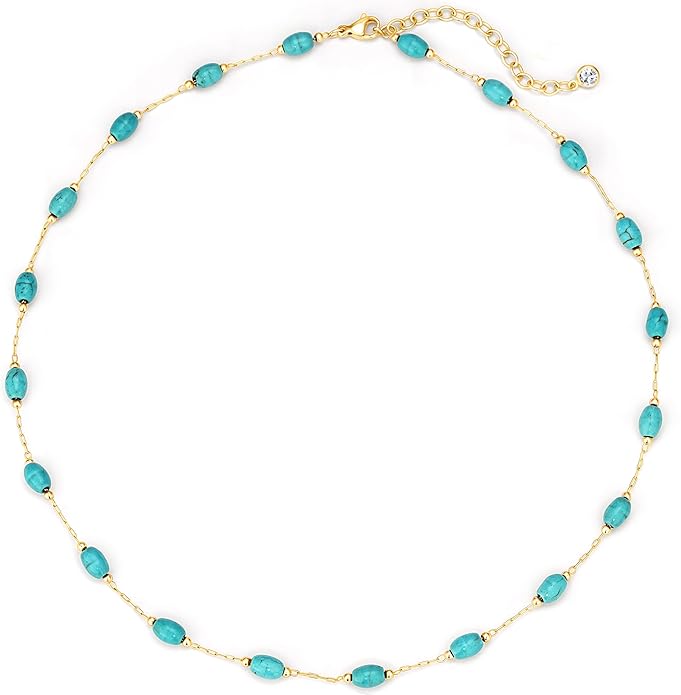 Created Turquoise Necklace for Women 14K Gold Plated Beaded Heart Choker Boho Necklaces Handmade Beach Summer Everyday Western Jewelry Gifts