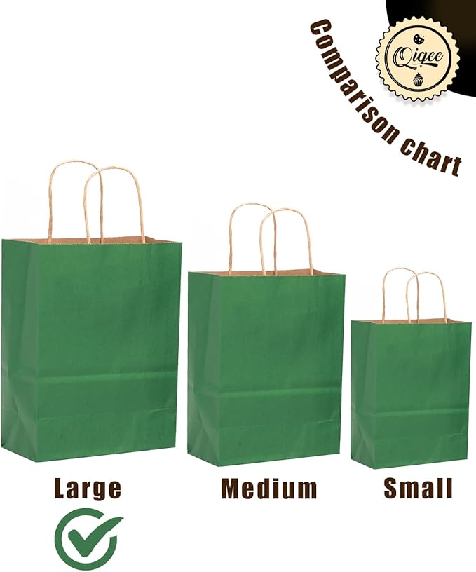 qiqee Large Kraft Paper Bags with Handles 13"x10"x5" 32 pcs Gift Paper Bag Deep Green Solid Color Bags（Large Size）