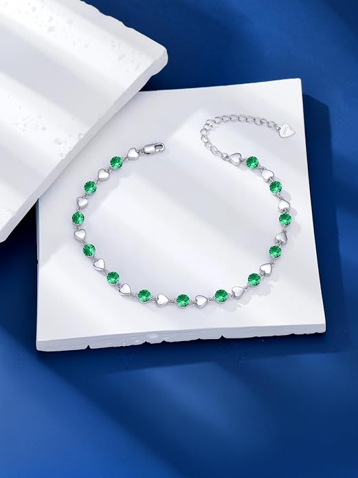 Birthstone Charm Link Bracelet 925 Sterling Silver Rose/Heart/Mom Bracelet with 12 Months Birthstone Mother's Day Gift Jewelry Gifts for Women,Chain Length 7"+2" Extend