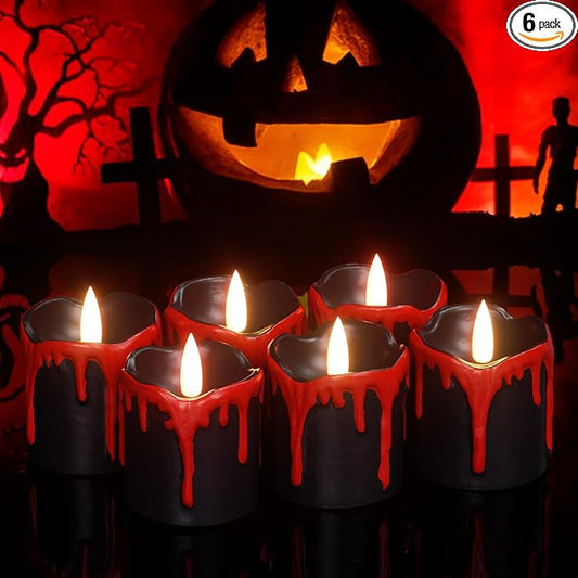 GenSwin Halloween Black LED Votive Candles with Long Lasting CR2450 Batteries, Votive Flameless Flickering Candles Battery Operated with 6H Timer, 6Pcs Real Wax Black and Red Candle for Home Decor