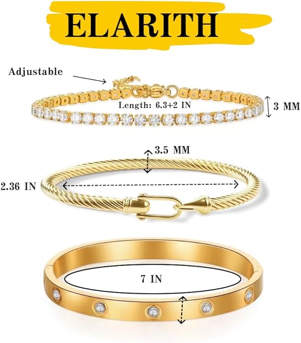 NEKVFO 18K Gold Plated Love Bracelet Set, Zircon Adjustable Bracelet Horseshoe Buckle Cable Bracelet, 3-Piece Women's Stackable Gold Bracelet Jewelry Set