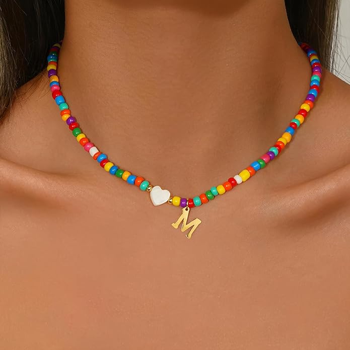 Valentines Day Gifts for Kids Women Girls - Colorful Beaded Initial Necklace Teen Girls Trendy Stuff Dainty Letter A-Z Choker Necklace Valentines Day Gifts for Her Mom Jewelry