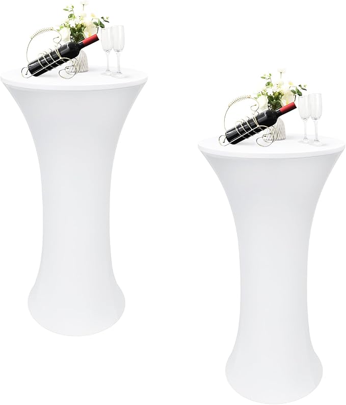 2PCS 24x43 Inch Round Fitted Cocktail Table Cover White Spandex Cocktail Table Cloth Highboy Fitted Tablecloth High Top Table Cloths for Party Pub Banquet Bistro