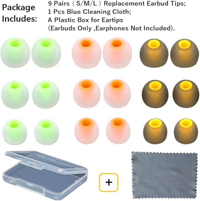 Silicone Earbud Tips Replacement (S/M/L) - Fit for Inner Hole 3.8mm-5.1mm - 9 Pairs - Headphone Ear Tips - Yellow, Orange, Green