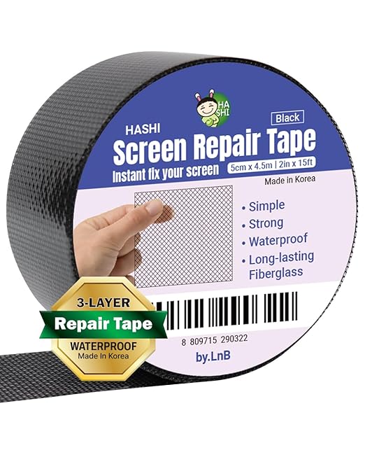 HA SHI Screen Repair Kit for Windows or Doors (2" x 15FT, Black) 3-Layer Strong Adhesive Tape, Made in Korea, Ease-Installation Fiberglass Covering Mesh