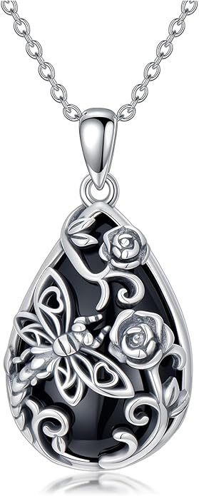 Black Onyx Necklace 925 Sterling Silver Flower Insect Pendant Teardrop Onyx Jewelry Valentines Day Birthday Gifts for Women