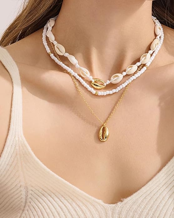 Shell Starfish Charm Necklace For Women Boho Ocean Themed Necklaces for Women, Layered & Charm Pendant Necklaces Summer Beach Jewelry