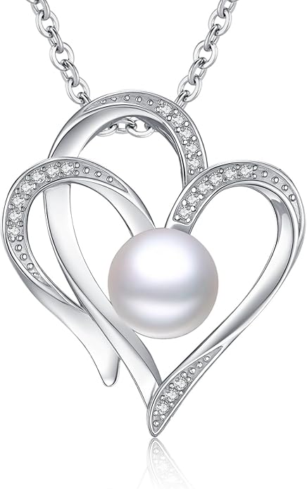 8mm Pearl Necklace 925 Sterling Silver Jewelry AAAAA Cubic Zirconia Heart Pendant Necklace Best Gifts for Mom Women Girlfriend Grandma Friend Lover Her Wedding Birthday Anniversary Graduation Daily