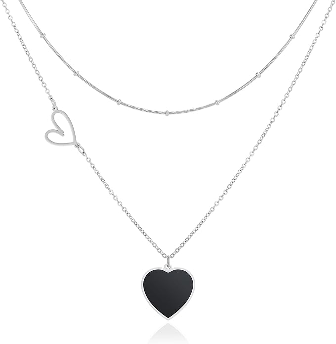 Linawe Layered Choker Heart Pendant Necklace for Women Trendy, Gold/Silver/Rose Gold Chain Stainless Steel Stacked Necklaces, Double Heart Necklace Y2K Preppy Jewelry