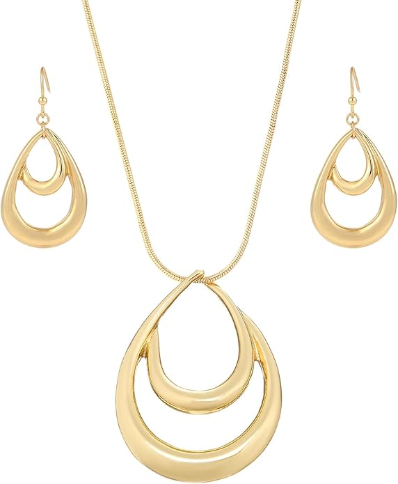 Madison Tyler Gold Plated Jewelry Set for Women | Silver Teardrop Pendant Necklace Trendy | Long Necklace with Snake Chain | Fashion Dangle Earring Set
