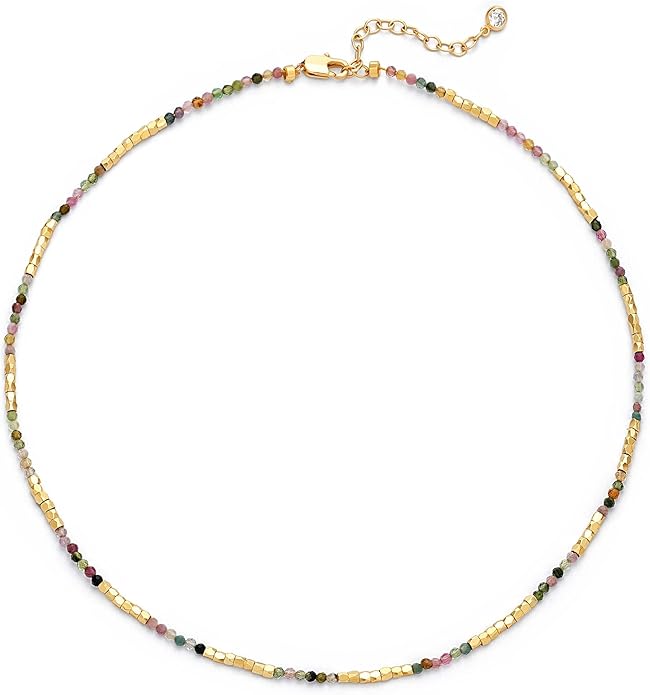 MTMY Beaded Gemstone Choker Necklace for Women, 14K Gold Plated Boho Colorful Natural Stone Bead Chain Necklace Summer Beach Handmade Jewelry