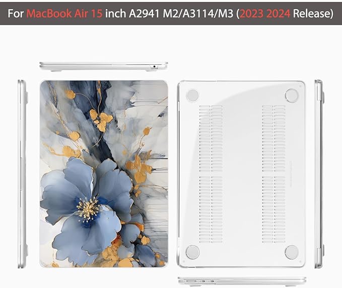Teryeefi Compatible with A2941 M2/A3114 M3 MacBook Air 15 inch CaseRelease 2023 2024,Design Protective Slim Cover + Keyboard Cover + OTG Adapter for 15.3 inch MacBook Air Liquid Retina, Art Florals