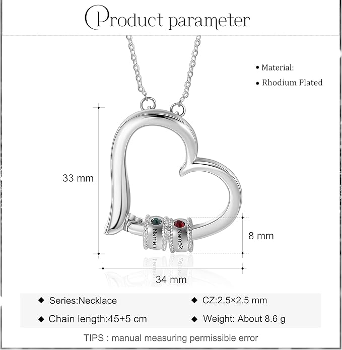 Personalized Women's Pendant Necklace 925 Sterling Silver with 1-5 Simulated Birthstone Names Customized Heart Shape Cubic Zirconia Necklace
