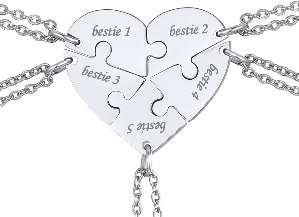 FindChic Personalized Matching BFF Necklace for 2/3/4/5/6 Puzzle Name Heart Pendant Stainless Steel Couple Necklace Set Customized Necklaces for Teen Girls