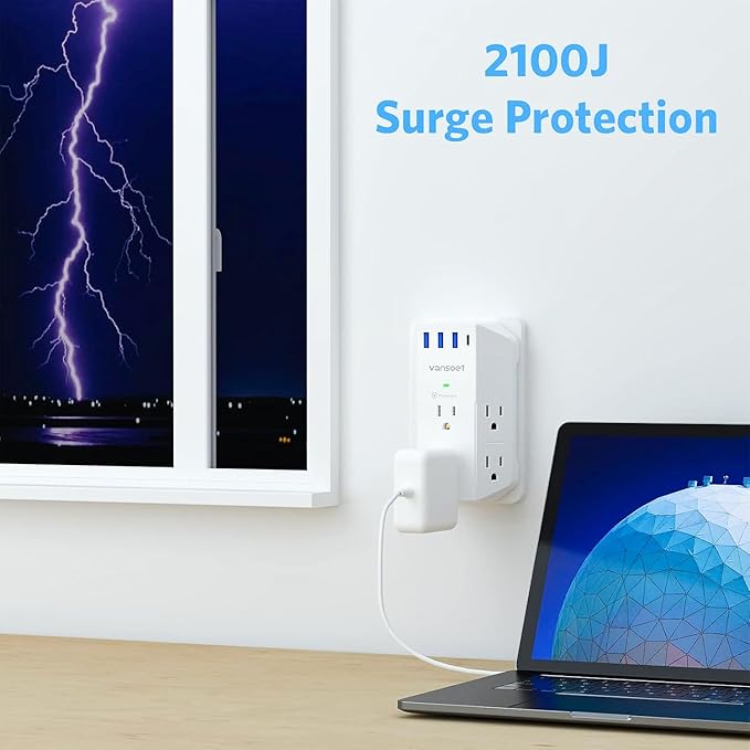 Outlet Extender, Vansoet 6 Outlet Splitter with 4 USB Ports(1 USB C PD 20W), 2100J Surge Protector Power Strip, 3 Side Multi Plug Outlet for Travel, Home, Office, Dorm