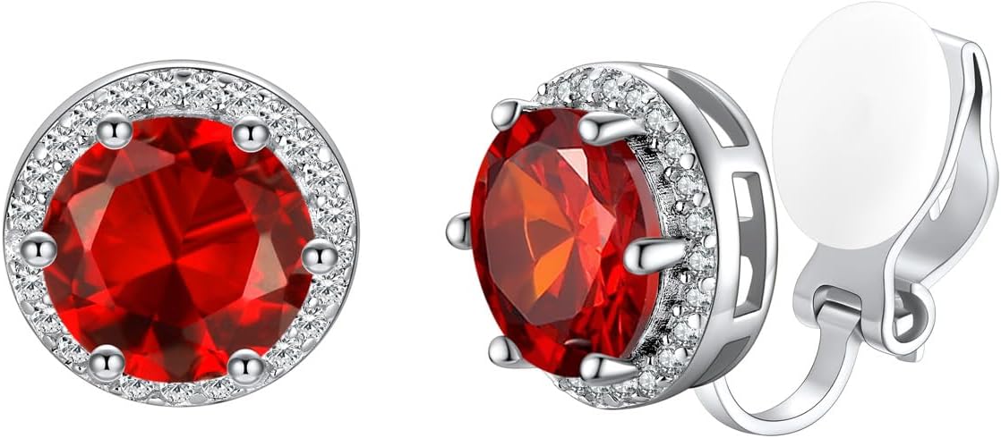 Silvora 925 Silver 8MM Cubic Zirconia Birthstone Clip On Stud Earrings Round Non Pierced Earrings For Women,Come with Box