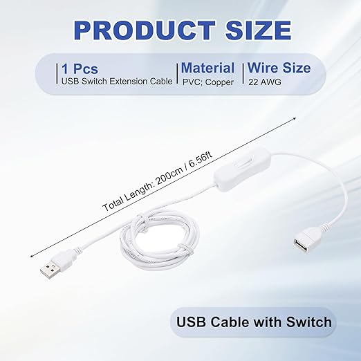 MECCANIXITY USB Cable with ON/Off Toggle Switch, USB Male to Female Extension Cord Inline Switch 2.0m White, for LED Desk Lamp LED Strip