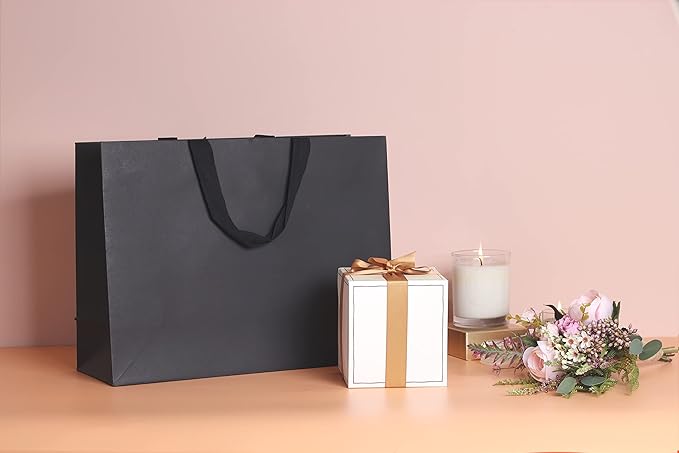 10pcs 15.7x5.5x11.8" (3) Large Size, Black Paper Bags with Black Cotton Handles, Thick Sturdy Durable Gift bags