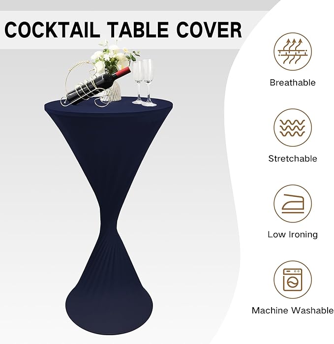 2PCS 24x43 Inch Round Fitted Cocktail Table Cover Navy Spandex Cocktail Table Cloth Highboy Fitted Tablecloth High Top Table Cloths for Party Pub Banquet Bistro