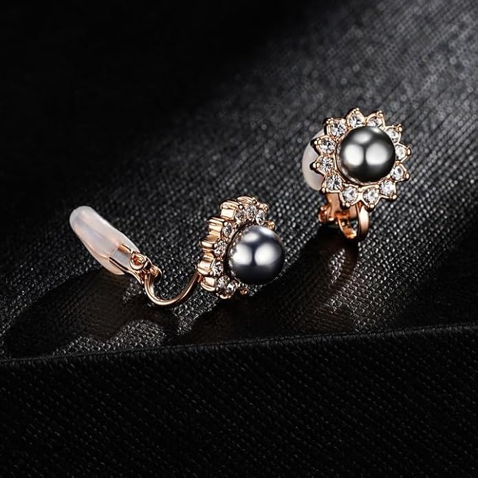 EVEVIC Austrian Crystal Pearl Clip On Earrings for Women Non Pierced Earings 14K Gold Plated Hypoallergenic Jewelry