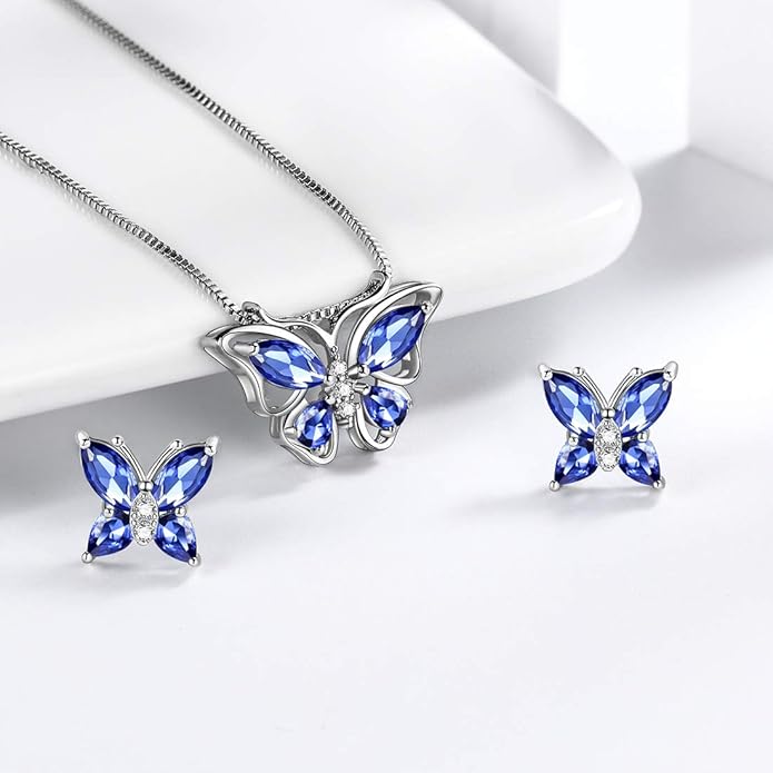 Aurora Tears Butterfly Jewelry,Women 925 Sterling Silver Butterflies Birthstone Pendant Necklace/Earrings/Rings Wedding Gift