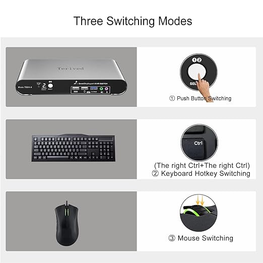 2 Port DP USB 3.0 Automatic KVM Switch Quad Monitor Two Computers Four DisplayPort Monitors, 8K@30Hz 4K@144Hz, Aluminum hotkey Audio Microphone, Digital Display, HDR10 with Cables