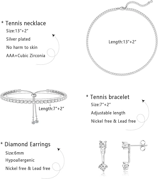 Tennis Necklace Bracelet for Women, Dainty Sterling Sliver Choker Necklace Crystal Link Bracelet Stud Earrings for Women Wedding Jewelry for Bride Jewelry Set Accessories