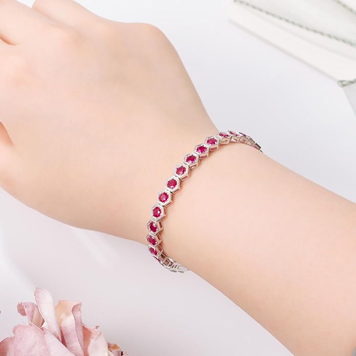 Birthstone Tennis Bracelets for Women Birthday Gifts 925 Sterling Silver Hexagon White Gold Bracelets Round Cut 5A Cubic Zirconia Prong Setting 7 Inch Anniversary Jewelry Gift