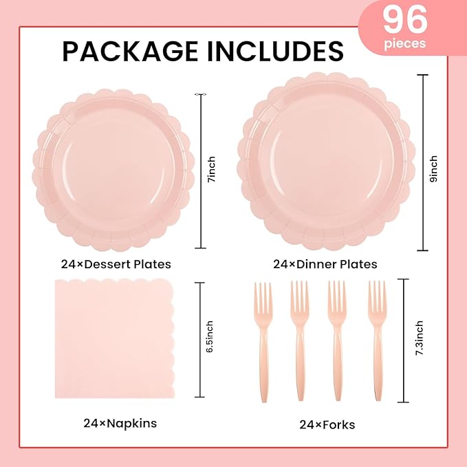 96PCS Pink Paper Plates and Napkins, 24 Guest Light Pink Disposable Tableware Set Include Scalloped Paper Plates Napkins and Forks Decoration Party Supplies for Birthday Wedding Baby Shower