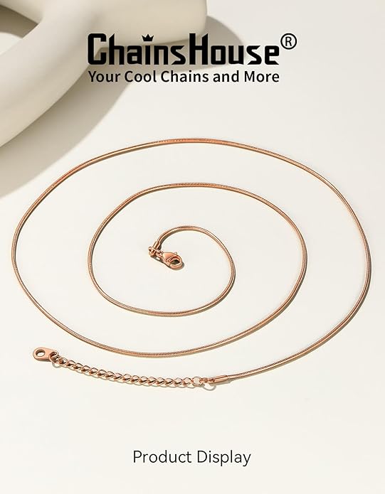 ChainsHouse Snake Chain Necklace for Women 1.2mm, 14-30" Adjustable with 5cm Extender for Pendants Lockets, Rose Gold/Stainless Steel/Black/14K Gold Hypoallergenic Dainty Jewelry Gift