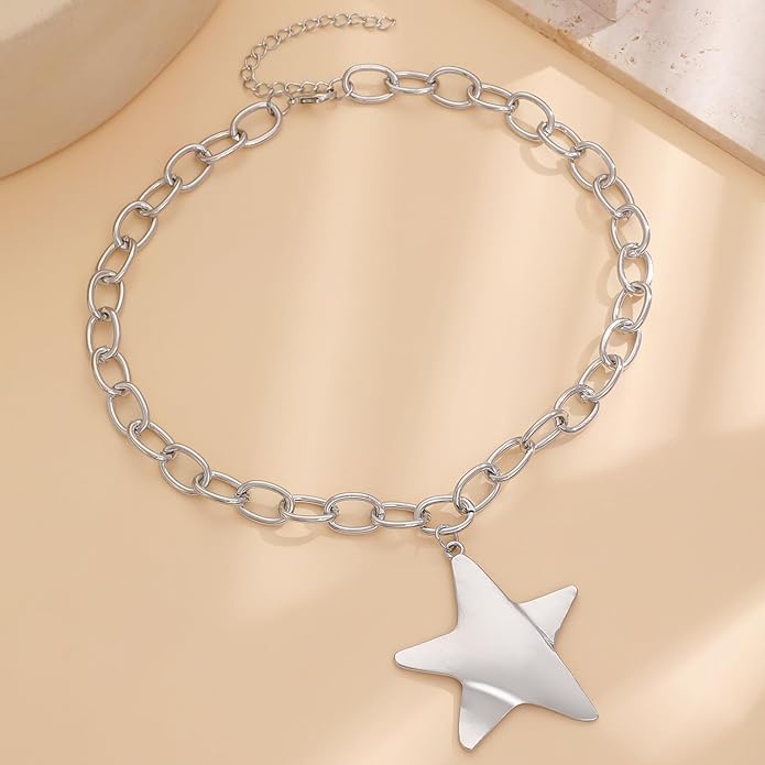 Large Star Necklace Chunky Gold Necklace for Women Trendy Silver Big Statement Necklaces Bold Thick Paperclip Necklaces OT Toggle Chunky Jewelry Holiday Christmas Jewelry Gifts Stocking Stuffers