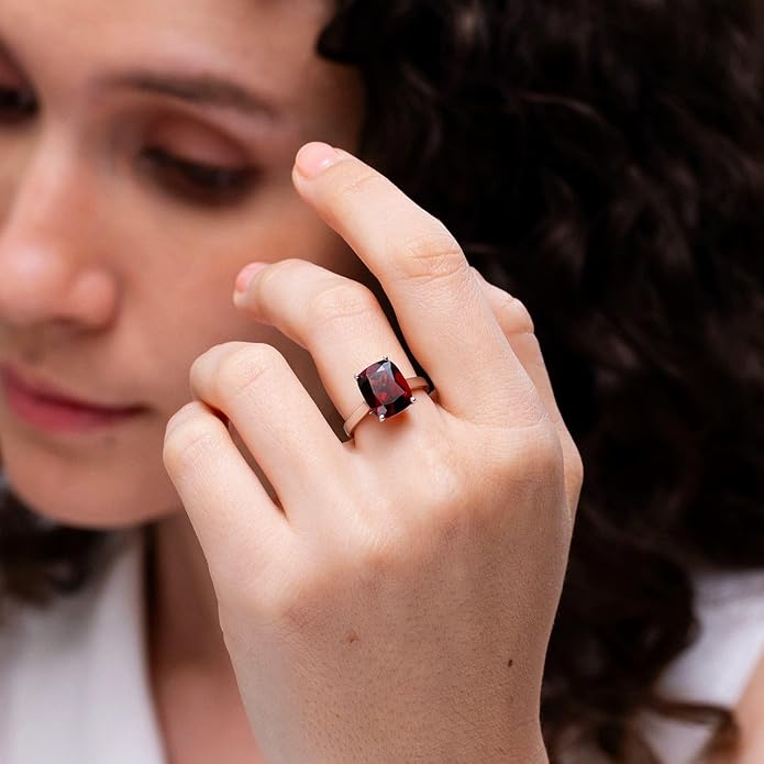 Angara Cushion Garnet Solitaire Ring in Sterling Silver/14K Solid Gold/Platinum | Natural Garnet Solitaire Ring for Women | January Birthday, Anniversary, Gemstone Jewelry Gift