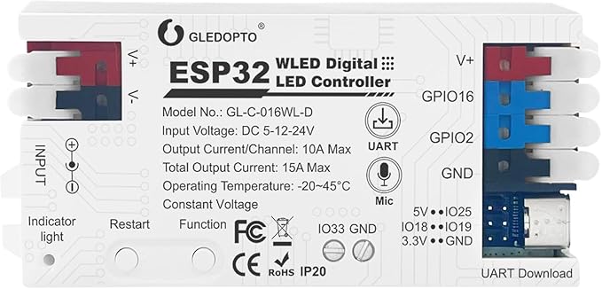 ESP32 WLED LED Strip Light Controller 15A Fuse Music Mic DIY Dynamic Lighting UART USB-C Download Energy Save Relay App Control RGB IC Addressable Digital WS2811 WS2812 SK6812 TM1814 WS2813 WS2815 etc