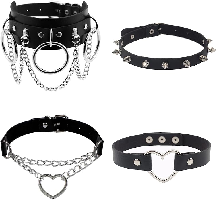 Halloween Sexy Women Lady Black Steampunk Gothic Goth Punk Rock Rivet Spike Studded Soft Leather Choker Collar Necklace Cosplay Night Club Party Costume Accessories Chocker Love Heart Jewelry